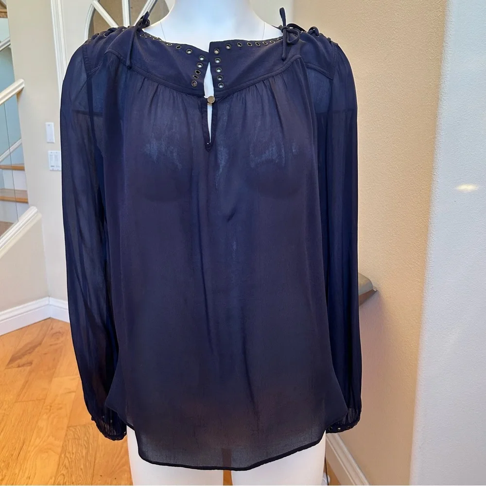 Zadig & Voltaire Tirate Blouse Small Navy Blue long sleeves Tie Shoulders - Picture 2 of 10